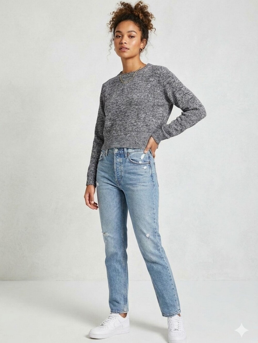 H&M Mock Neck Ribbed Cropped Charcoal Gray Sweater